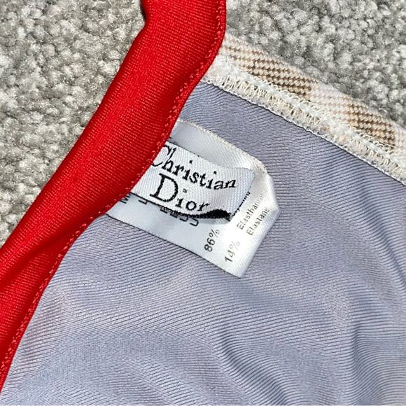 S AUTH VTG Christian Dior Tan Red Charm Trotter Logo Print Bikini Swimsuit - Picture 11 of 16